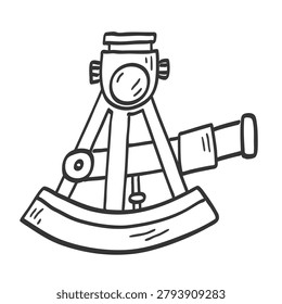 A simple black and white line art sketch of an antique nautical sextant used for marine navigation and celestial observation