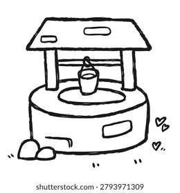 A simple black and white line art drawing of a classic stone wishing well with a hanging bucket and small heart shapes around it