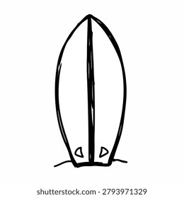 A simple black and white line art drawing of a surfboard with fins shown from a top view perspective.