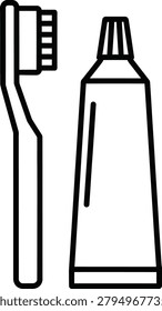 Simple black and white line art depicting a toothbrush and tube of toothpaste, representing oral care and dental health concepts.