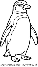 Simple black and white line art of a penguin, perfect for coloring activities. Ideal for children's crafts, educational materials, and relaxation.