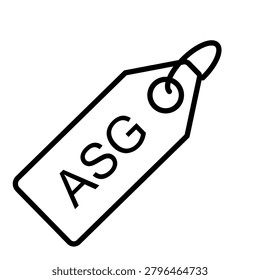 A simple black and white line art illustration of a rectangular price tag featuring the letters ASG inside.