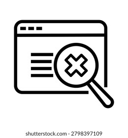 A simple black and white line art icon depicting a browser window with a magnifying glass searching for an error or cross mark.