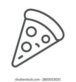 A simple black and white line art illustration of a single slice of pepperoni pizza, featuring a crust edge and circular toppings, perfect for foodrelated designs, menus, and culinary icons