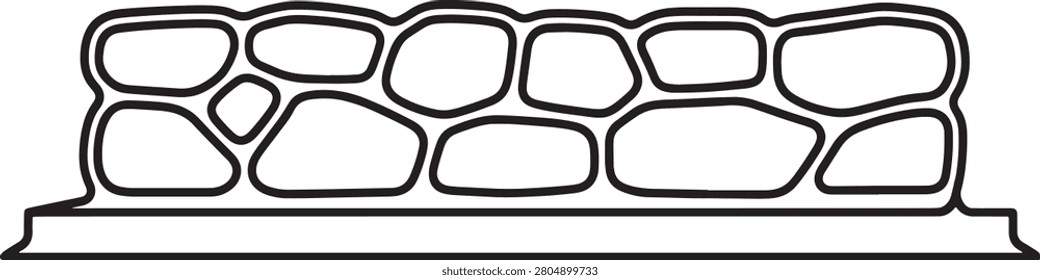 A simple black and white line art illustration of a stone wall featuring irregular rock shapes and a solid base foundation, suitable for architectural diagrams and construction symbols.