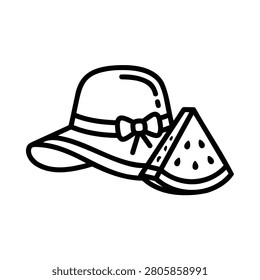 A simple black and white line art illustration featuring a summer sun hat with a ribbon bow and a fresh slice of juicy watermelon. This clean doodle style icon is perfect for summer designs, travel themes, beach vacation graphics, and food projects.