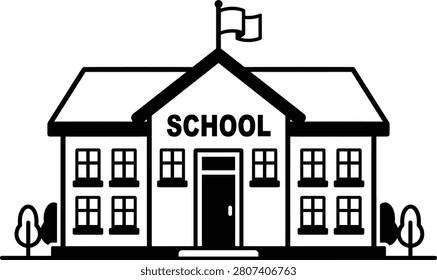 A simple black and white line art illustration of a school building with a flag on the roof. The subject is isolated on a white background, making it perfect for educational designs and web icons.