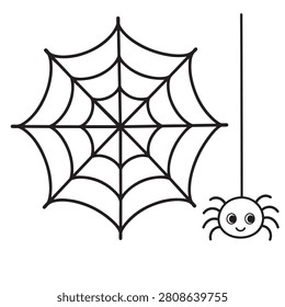 A simple black and white line art illustration of a spider hanging from a web on a white background.