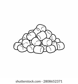 A simple black and white line art illustration depicting a large heap of fluffy marshmallows. The marshmallows are piled together in a pyramid-like shape against a clean white background. Each marshmallow is drawn with a thick black outline and subtle grey shading to create a three-dimensional effect. This vector graphic is ideal for food-related designs, coloring books, or icons.