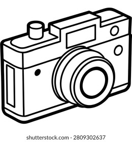A simple black and white line art illustration of a vintage style camera.