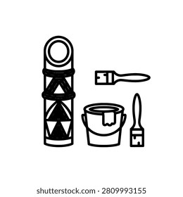 A simple black and white line art icon set featuring a decorated cylindrical pillar, a paint bucket, and two paintbrushes for renovation or art projects.