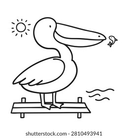 A simple black and white line art illustration of a friendly pelican with a fish in its beak standing on a wooden pier with a sun in the background