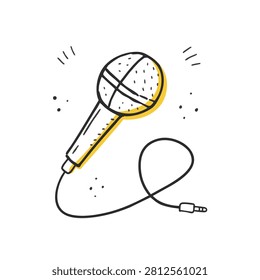 A simple black and white line art doodle of a handheld microphone with a cable and jack connector featuring yellow color accents on a white background