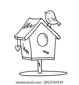 A simple black and white line art drawing of a wooden birdhouse perched on a post with a little bird resting on the roof and a heart charm hanging from the side.