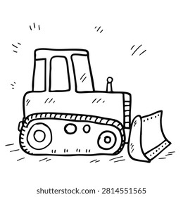 A simple black and white line art drawing of a crawler bulldozer, isolated on a white background, featuring a blade and tracks.