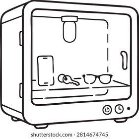 A simple black and white line art illustration of a UV sanitizing box containing a smartphone, keys, and eyeglasses.