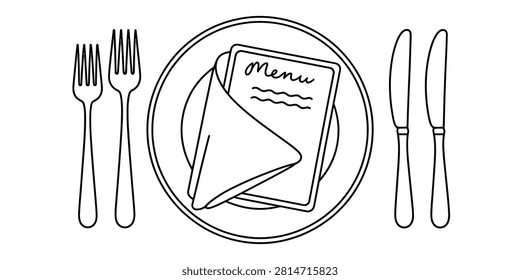 Simple black and white line art illustration of a table setting featuring a dinner plate, a menu card, a folded napkin, two forks, and two knives.