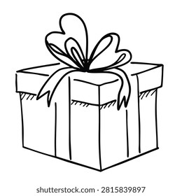 A simple black and white line art drawing of a wrapped present or gift box with a large ribbon bow on top isolated on a white background