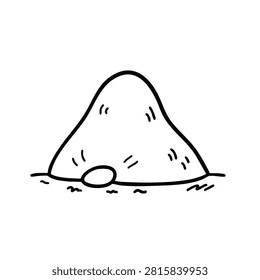 A simple black and white line art drawing of a mound or hill with a small tunnel entrance at the base resembling an anthill or burrow