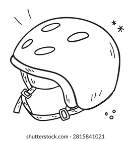 A simple black and white line art drawing of a bicycle or skate helmet with straps and ventilation holes.