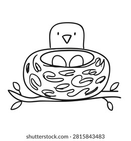 Simple black and white line art illustration of a small bird guarding its nest containing two eggs resting on a tree branch