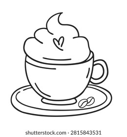A simple black and white line art drawing of a coffee cup with whipped cream topping and coffee beans on a saucer.