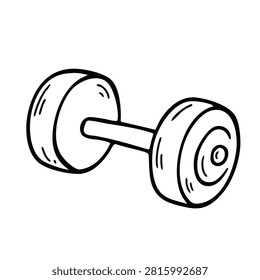 A simple black and white line art drawing of a single hand weight or dumbbell used for strength training and fitness workouts isolated on a white background.