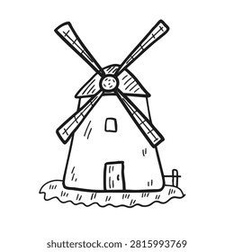 A simple black and white line art drawing of a traditional Dutch style windmill standing on a patch of grass