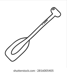 A simple black and white line art drawing of a single rowing paddle or oar isolated on a white background
