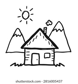 A simple black and white line art drawing of a small house with a chimney and a smoking roof nestled between two mountain peaks with a sun shining above