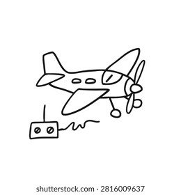 A simple black and white line art drawing of a remote control model airplane with a propeller and a handheld controller connected by a wire.