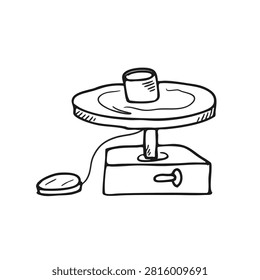 A simple black and white line art drawing of an electric pottery wheel with a small clay pot on the spinning disc and a foot pedal attached.