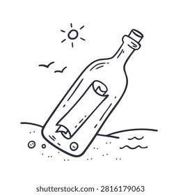 A simple black and white line art drawing of a corked glass bottle containing a rolled scroll resting on a sandy shore with sun and birds in the background.