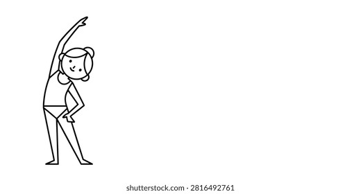 A simple black and white line art illustration of a young girl stretching her arm overhead in a fitness pose.