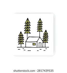 A simple black and white line art drawing of a small cabin nestled among stylized green pine trees