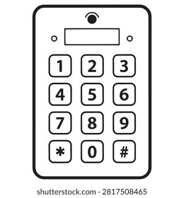 Simple black and white line art representing a universal access control keypad. Ideal for architectural blueprints or construction plans. This detailed icon features distinct buttons for digits and special characters typically used in industrial electronic entry systems.