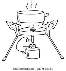 A simple black and white line art illustration of a portable camping gas stove with a pot cooking on it