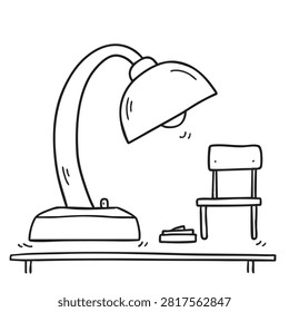 A simple black and white line art drawing featuring a desk lamp beside a small wooden chair on a table surface.