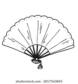 A simple black and white line art drawing of an open folding fan featuring a decorative tassel hanging from the handle