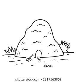 Simple black and white line art drawing featuring an anthill mound with a small entrance and two tiny ants interacting