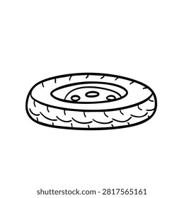 A simple black and white line art drawing of a rubber vehicle tire viewed from a slight angle isolated on a white background