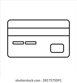 A simple black and white line art icon of a credit card showing a magnetic stripe and a chip.