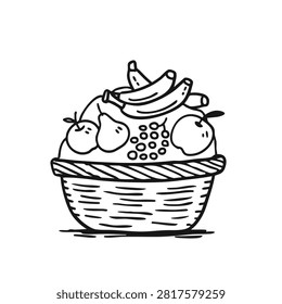 A simple black and white line art drawing of a woven basket overflowing with various fruits like bananas apples pears and grapes