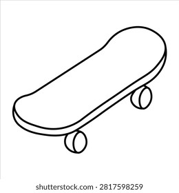 A simple black and white line art illustration of a skateboard viewed from an isometric perspective.
