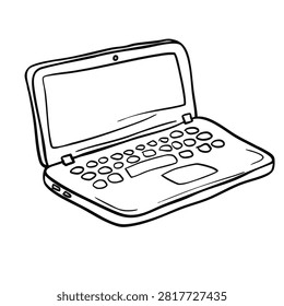 A simple black and white line art drawing of a small laptop or netbook computer with keyboard and trackpad visible