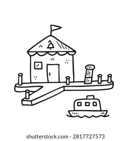 A simple black and white line art sketch featuring a small dockside building with a bell and flag, accompanied by a small boat floating nearby.