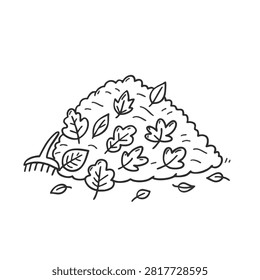 A simple black and white line art drawing of a mound of fallen foliage and leaves collected with a gardening tool isolated on white background