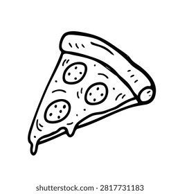 A simple black and white line art illustration of a triangular pizza slice with pepperoni toppings and melted cheese.