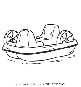 A simple black and white line art sketch of a small paddle boat or pedal boat isolated on a white background