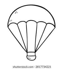 A simple black and white line art drawing of a parachute isolated on a white background